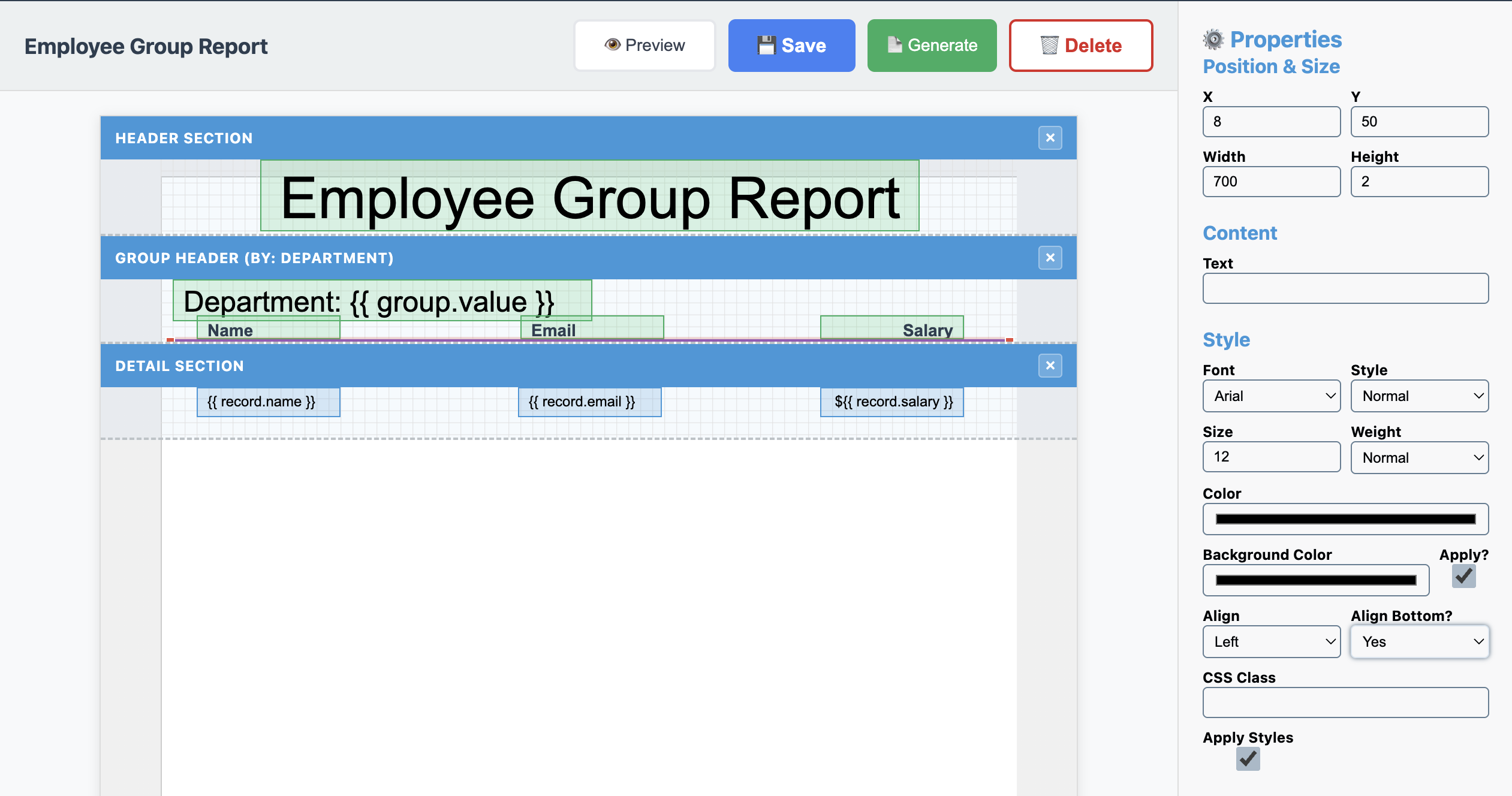 Employee Group Report Group Header Line