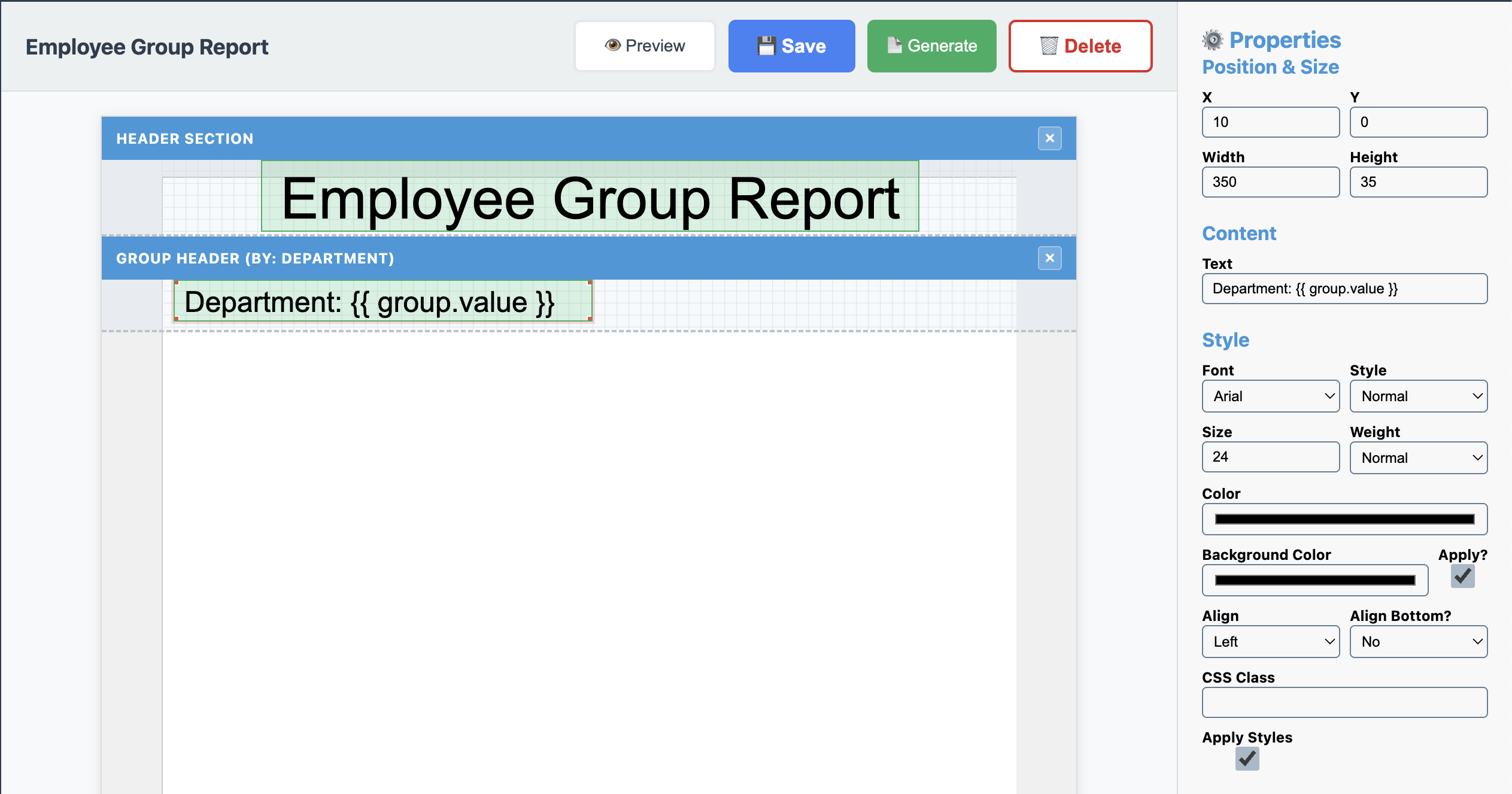 Employee Group Report Group Header Text