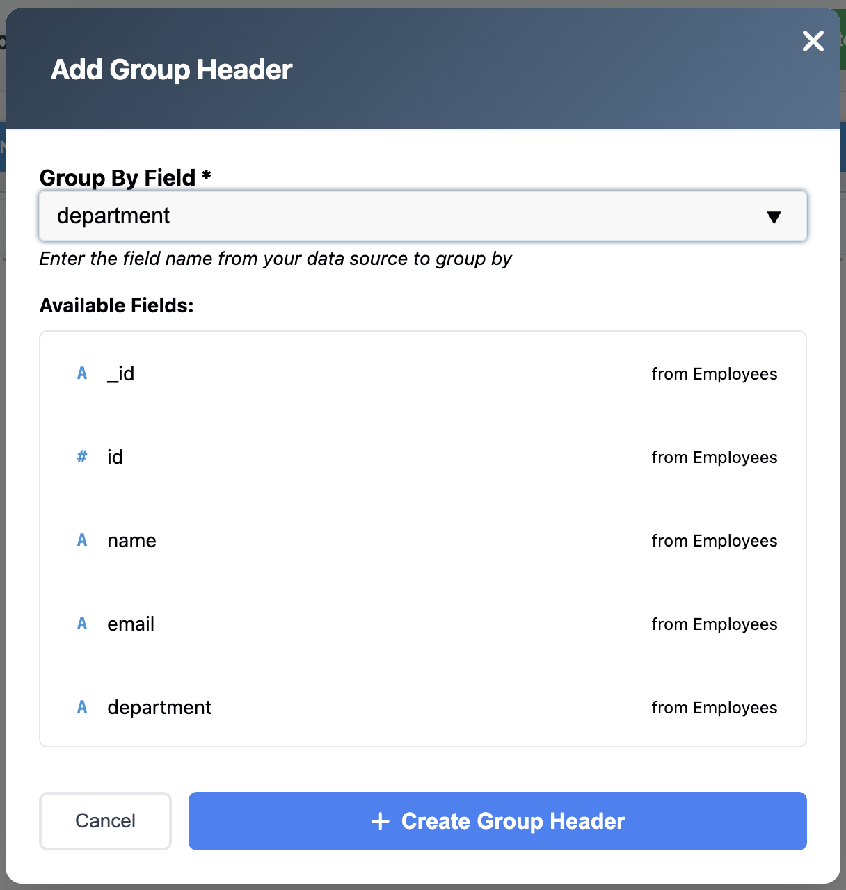 Employees Group Report Add Group Header