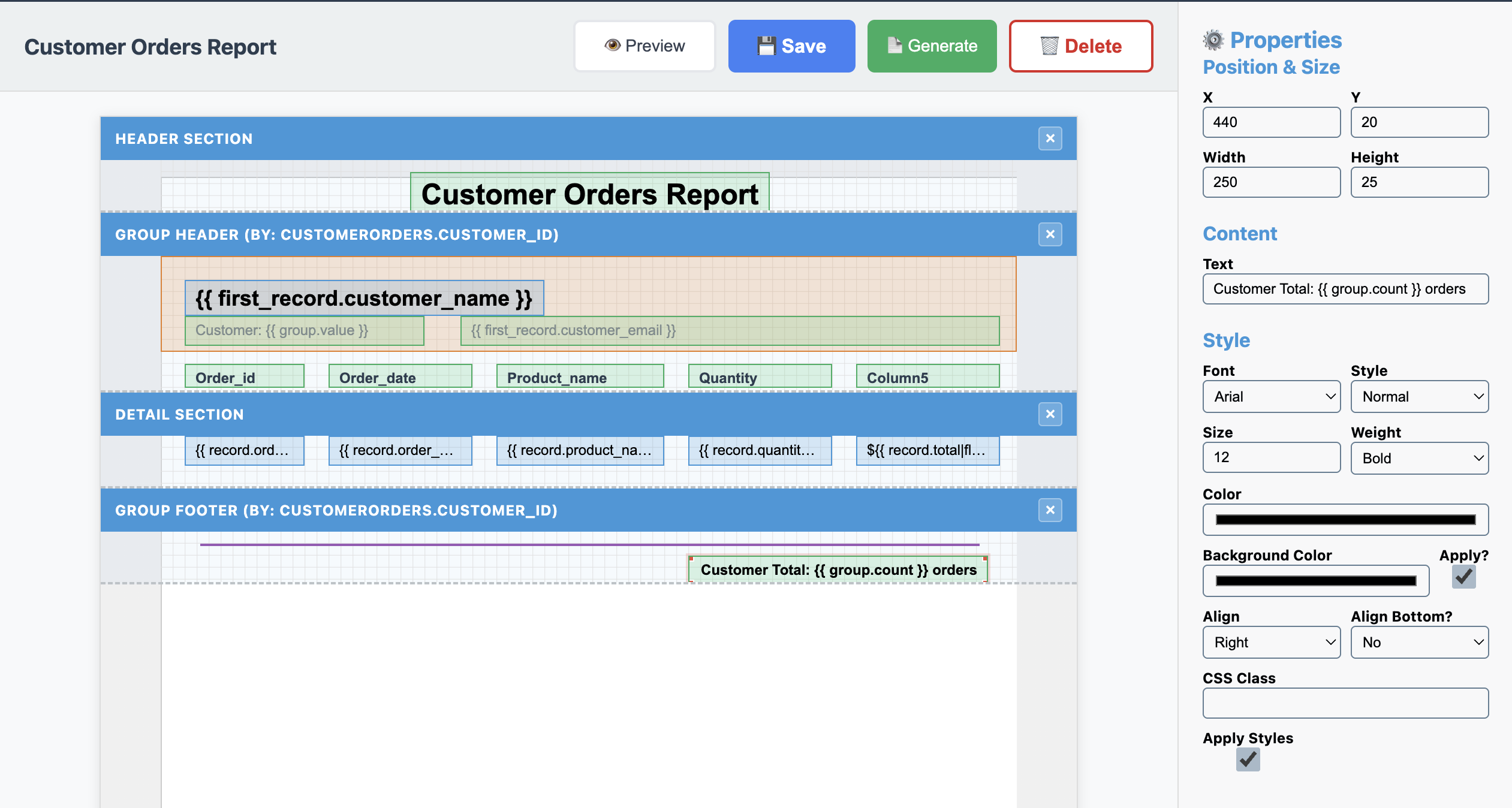 Report footer customer total
