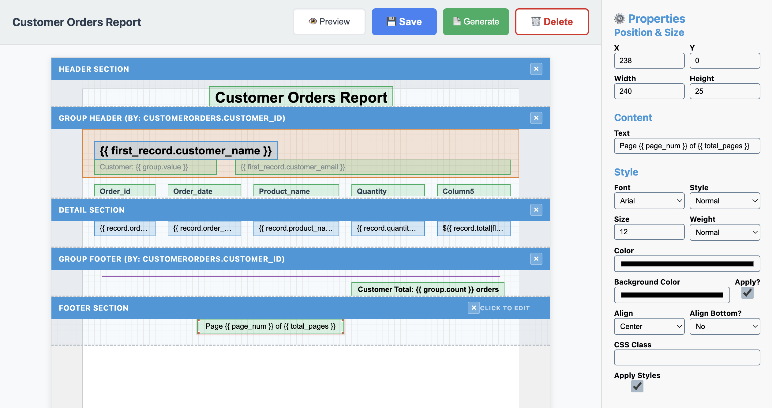 Report footer page numbers