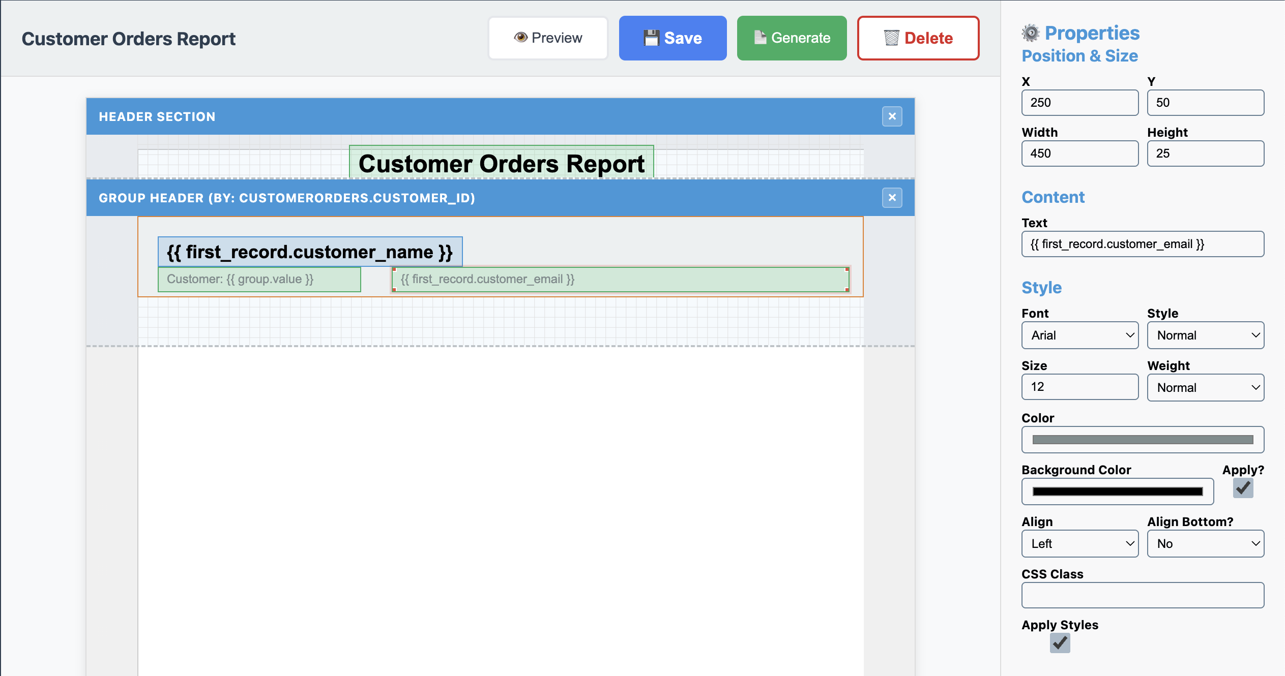 Report header with customer email