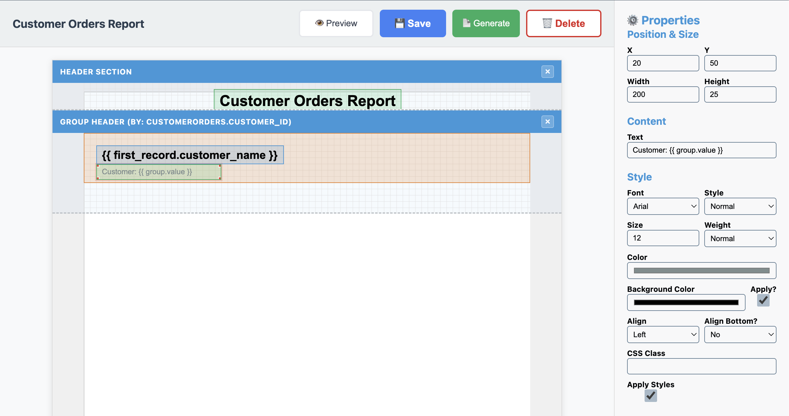 Report header with customer email