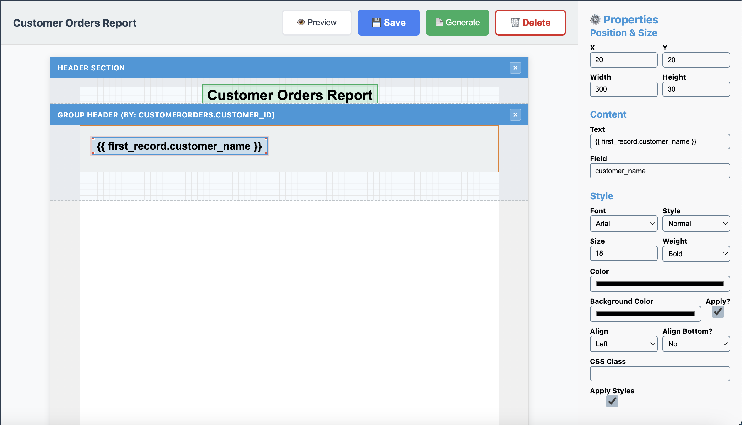 Report header with customer name